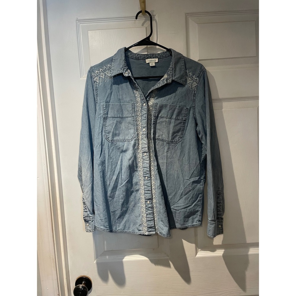 Sundance Blue Pinstripe Embroidered Western Cotton Button Down Shirt Medium